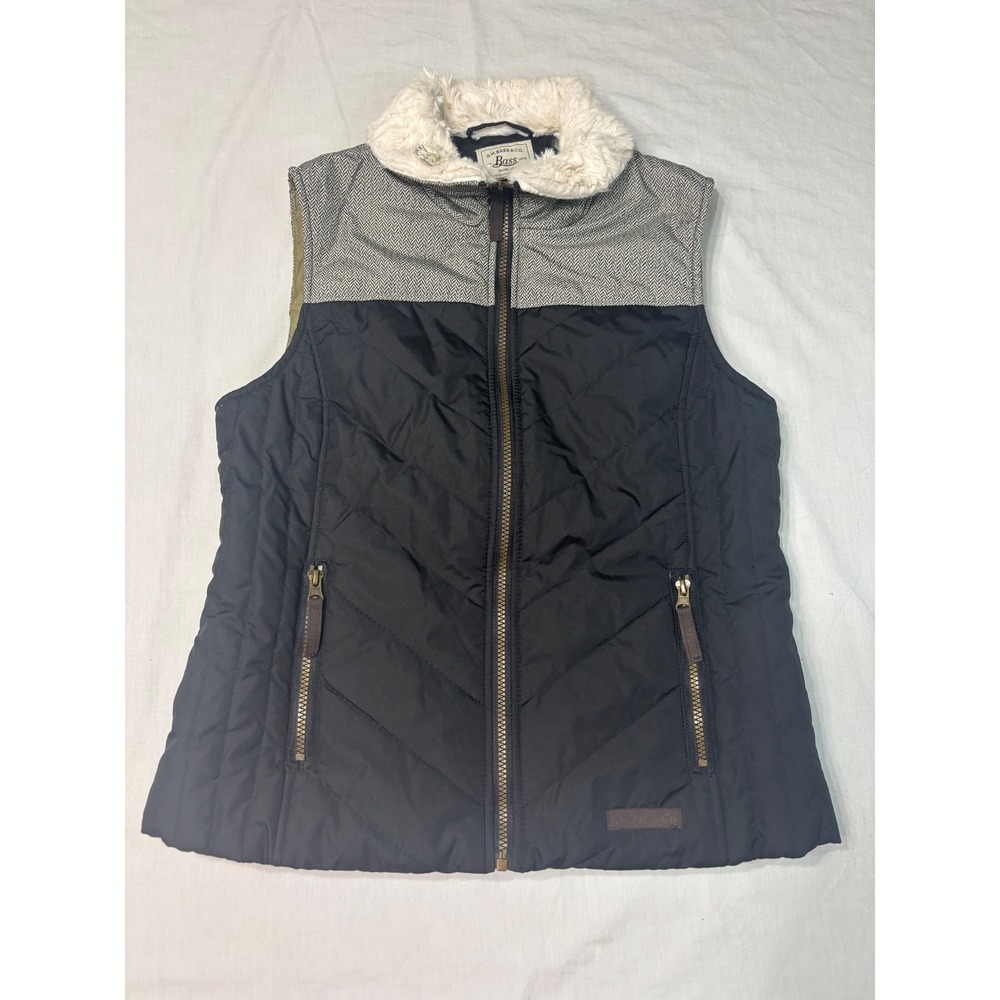 GH Bass & Co Womens Quilted Puffer Vest Black Grey Herringbone Faux Fur Collar M